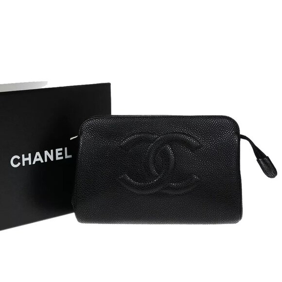 CHANEL CC Logo Mini Pouch Bag Grained Calfskin Leather Black GHW France - Picture 1 of 14